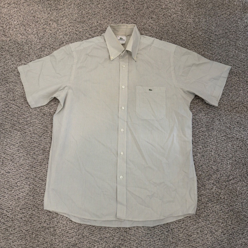 Lacoste Men Short Sleeve Button Down Shirt Micro Check Green Blue Size 42 France